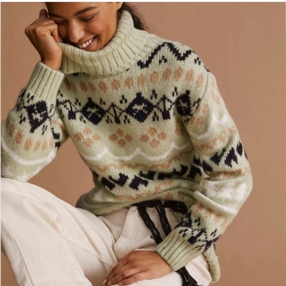 Anthropologie Fair Isle Turtleneck Tunic Sweater Size XS Mint Green - Picture 1 of 6